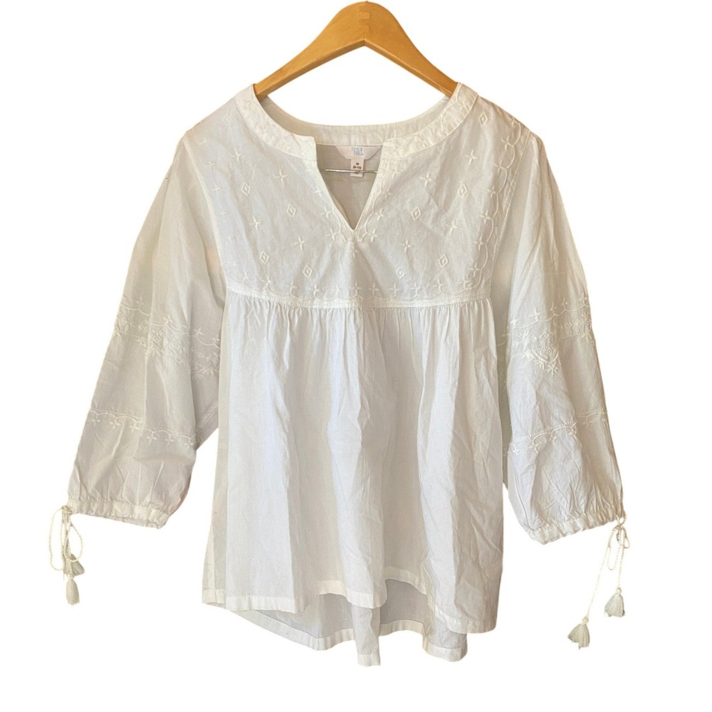 Peasant Embroidered Tassel Babydoll Top Medium White Boho Blouse Hippie Festival